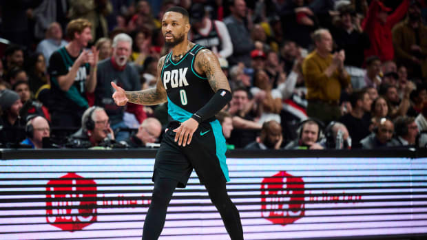 Portland Trail Blazers guard Damian Lillard celebrates a shot.
